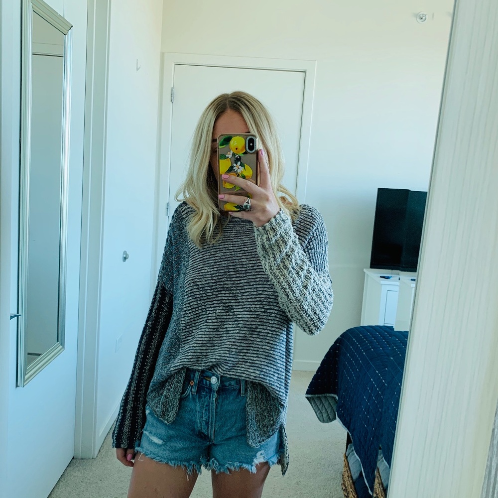 Free People Blue and White Crochet Sweater Small